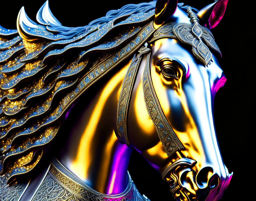 Vibrant digital artwork: Horse in gold and silver armor on dark background