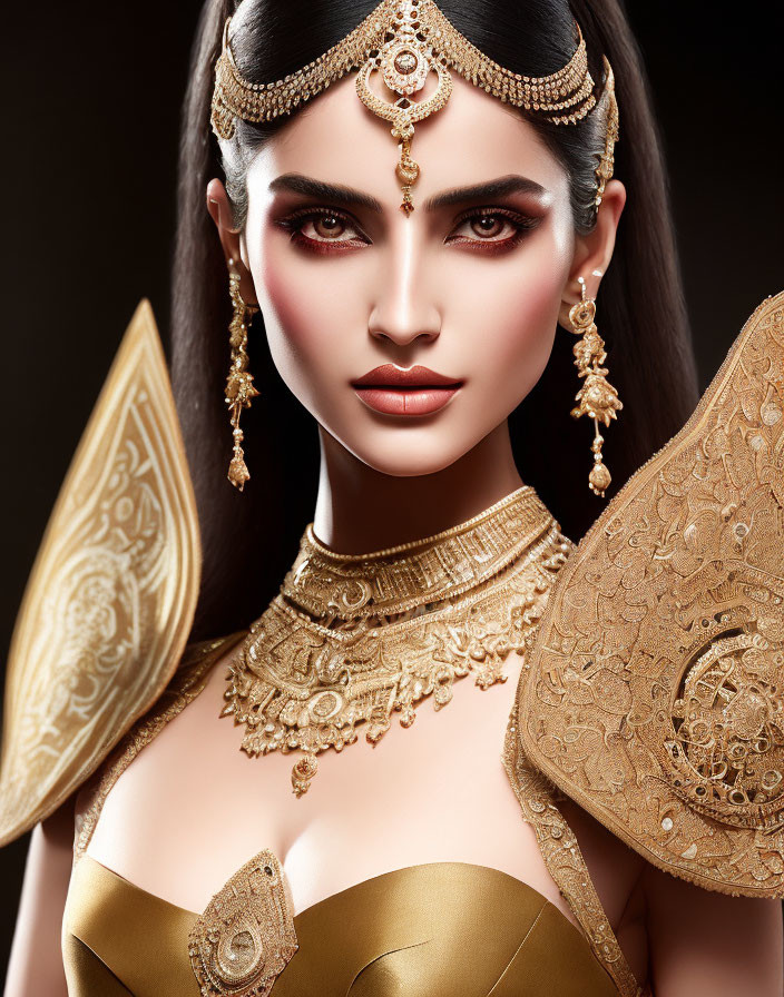 Elaborate Gold Jewelry and Traditional Makeup Look on Woman