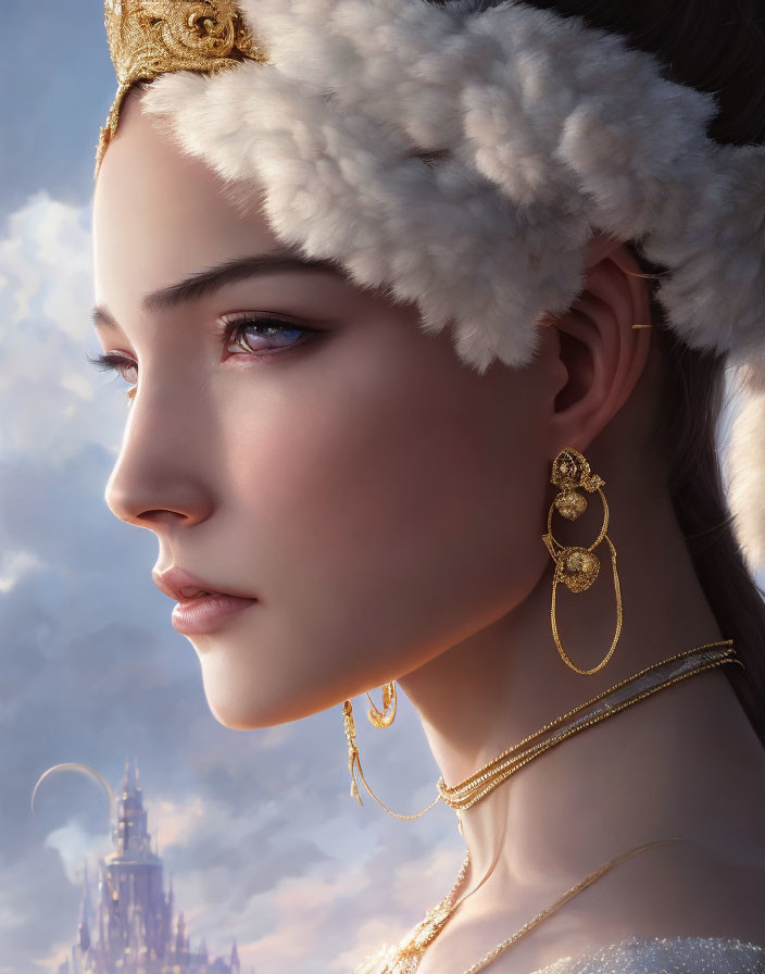 Regal woman in fur-trimmed hat with fantasy castle background