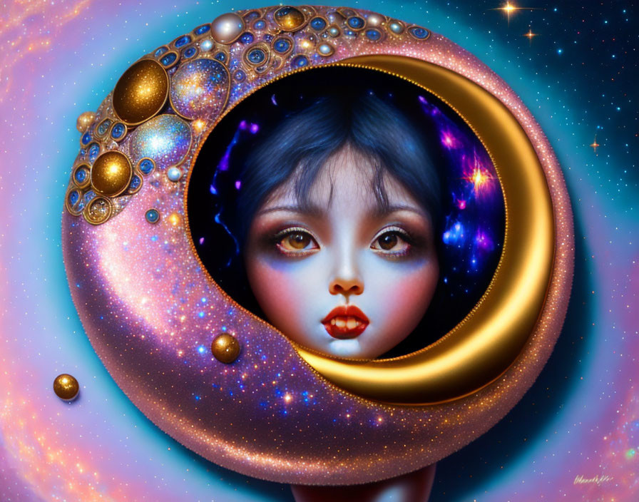 Surreal portrait of woman's face in cosmic golden ring amid starry space