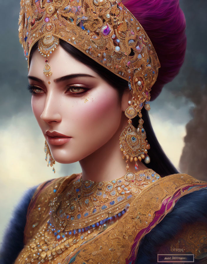 Digital artwork of a woman with adorned headdress and elegant jewelry