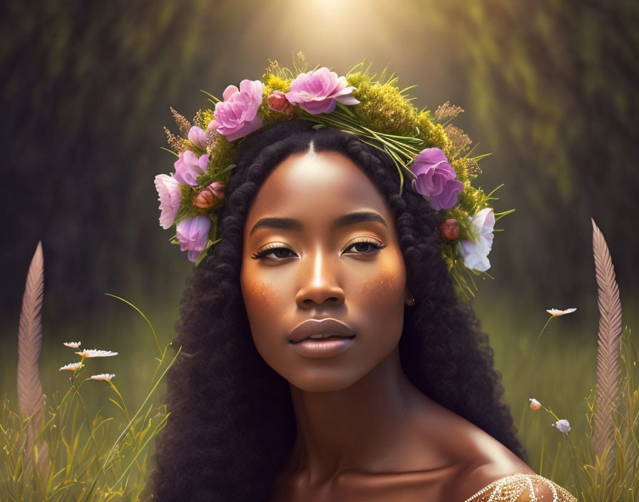 Woman with floral crown, glowing skin, butterflies, and grasses in serene setting