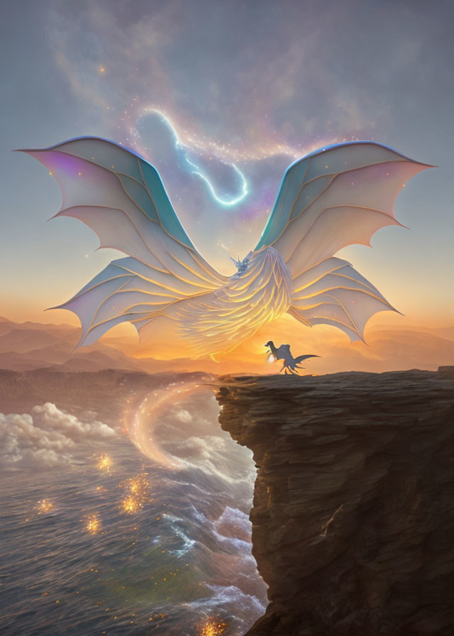 Majestic dragon with translucent wings on cliff at sunset