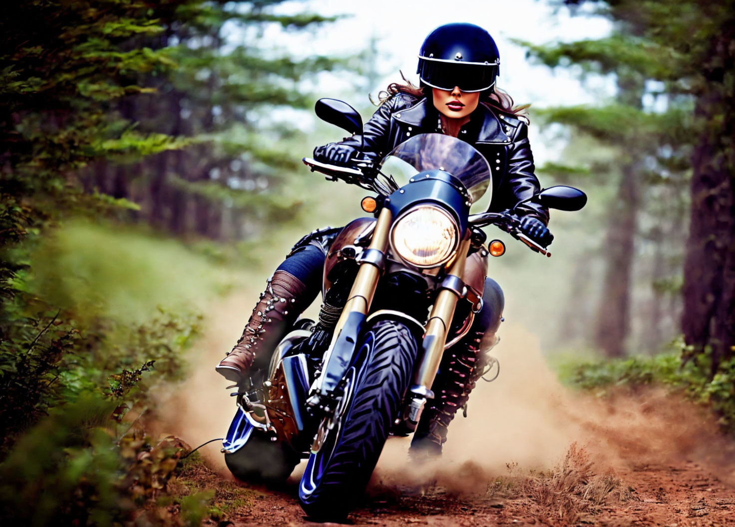 Person in Black Leather Jacket Riding Motorcycle on Dusty Forest Trail