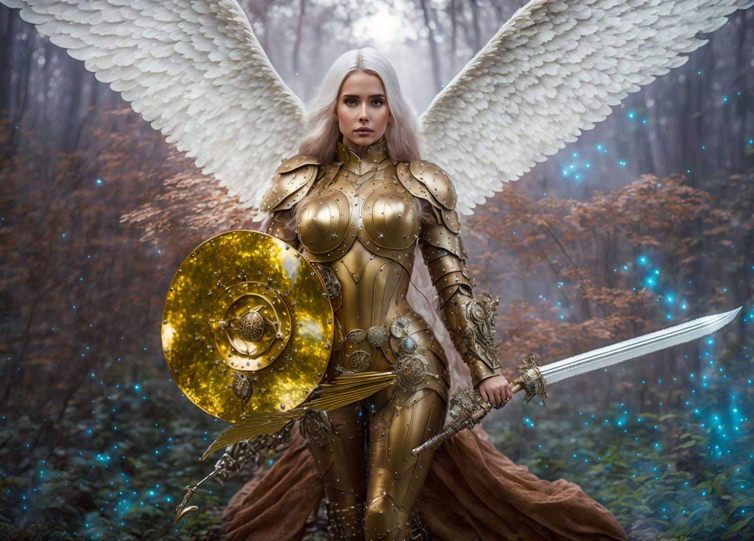 Golden armored figure with angel wings in misty forest