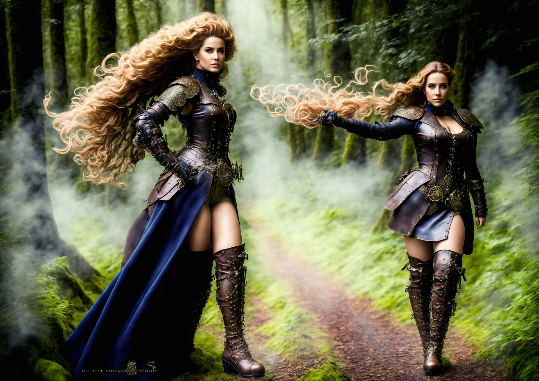 Two women in medieval warrior costumes with long flowing hair in misty forest