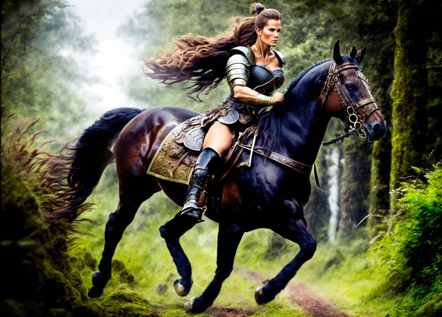 Armored warrior woman riding horse in forest