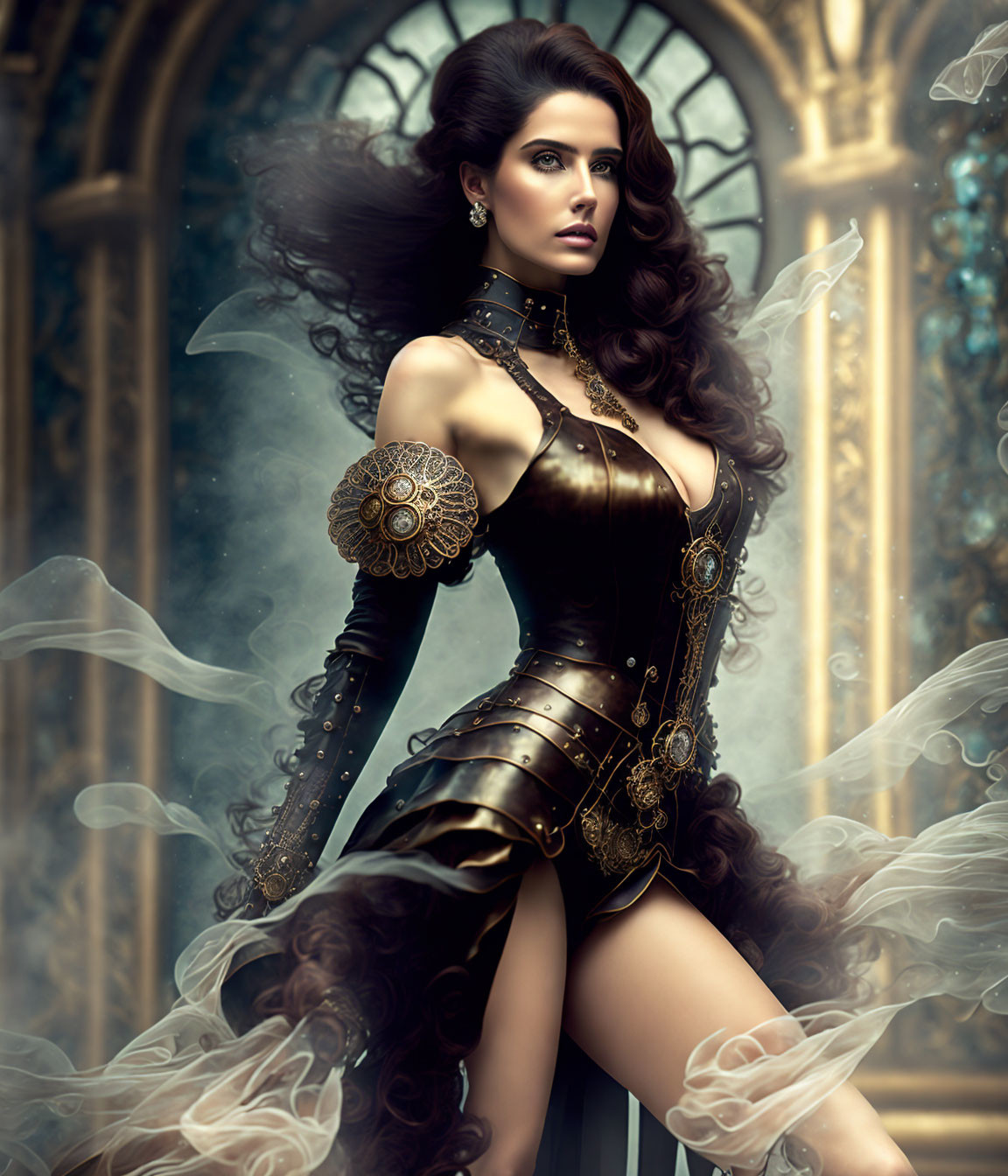 Steampunk-inspired woman with long wavy hair in regal pose.