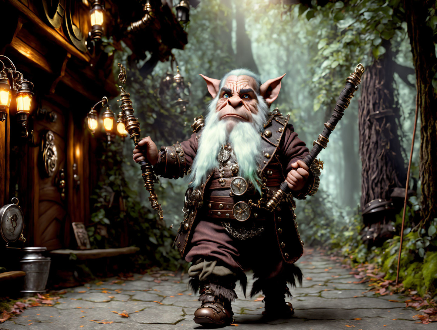 Elderly gnome with staff and lamps in forest path