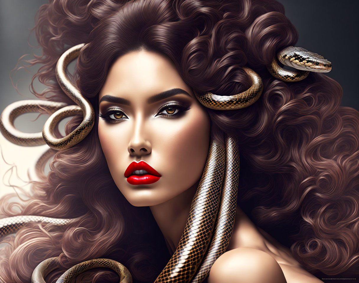 Digital artwork: Woman with wavy hair & serpents, red lips & dramatic makeup