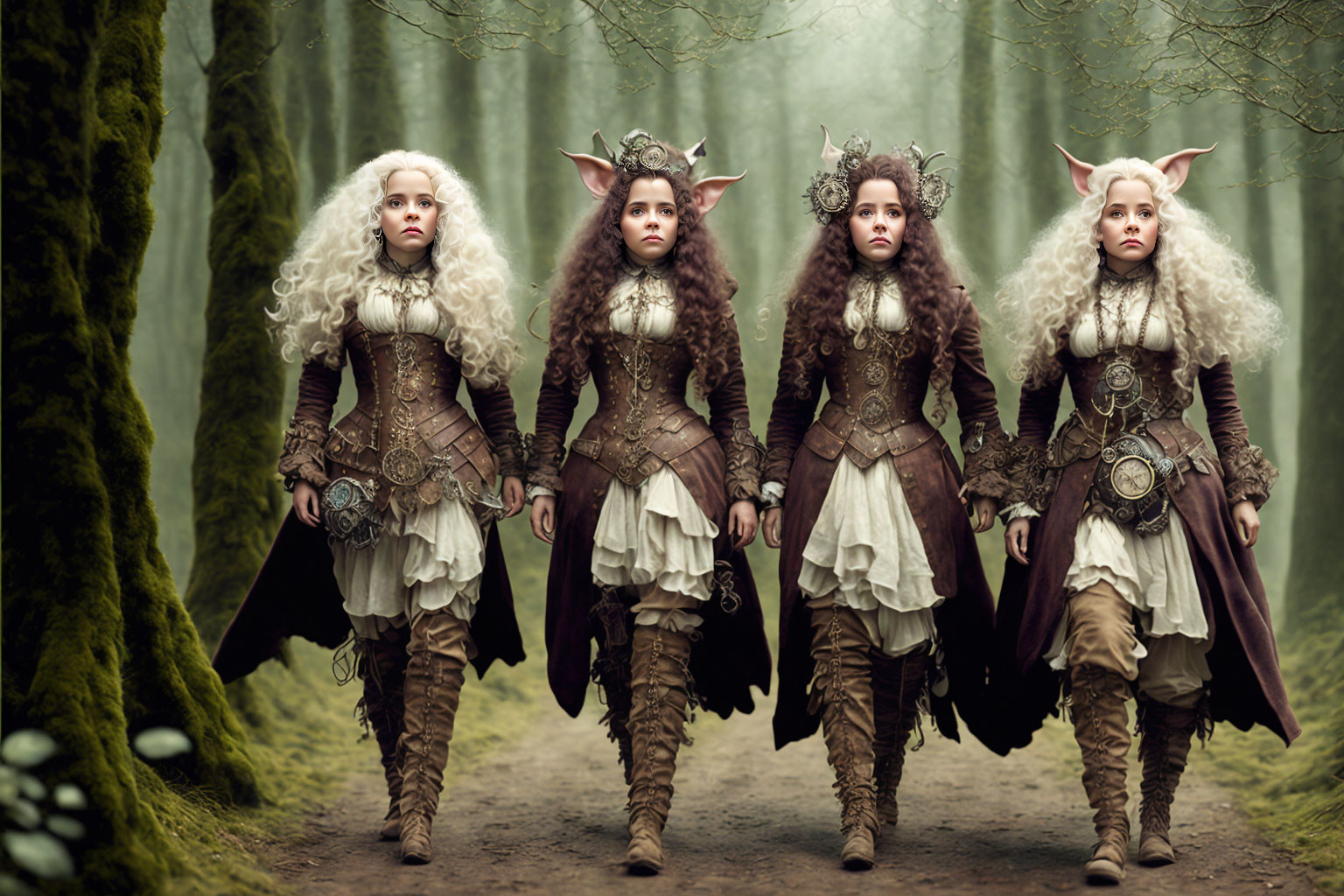 Four women in mystical forest elf costumes walking in misty woodland