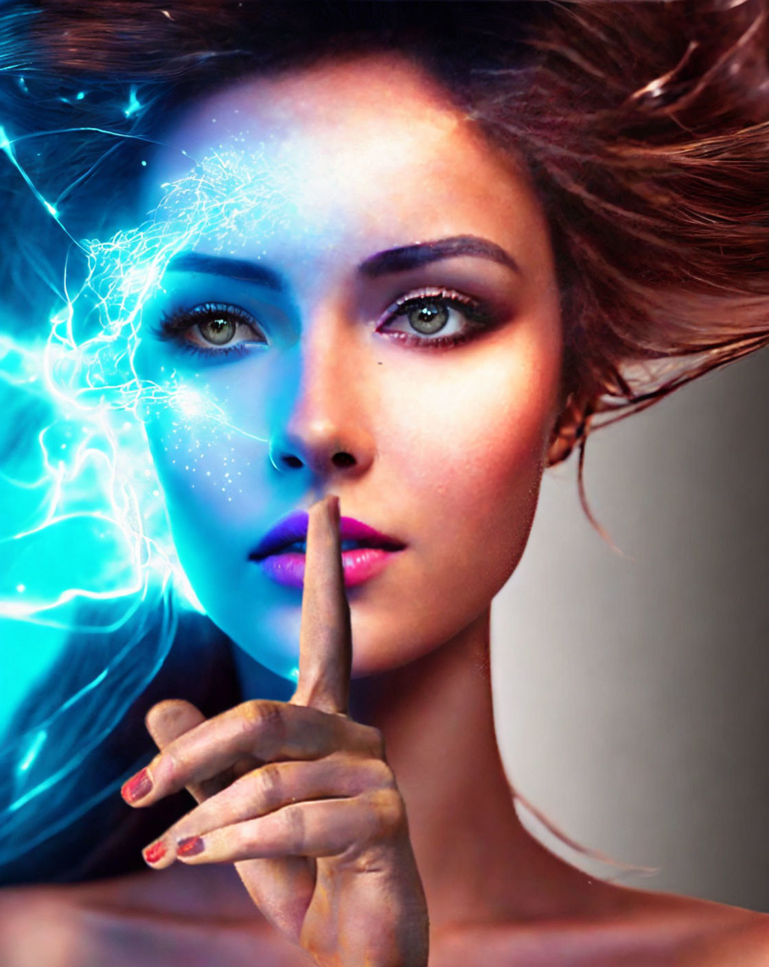 Woman with striking eyes in blue electrical aura.