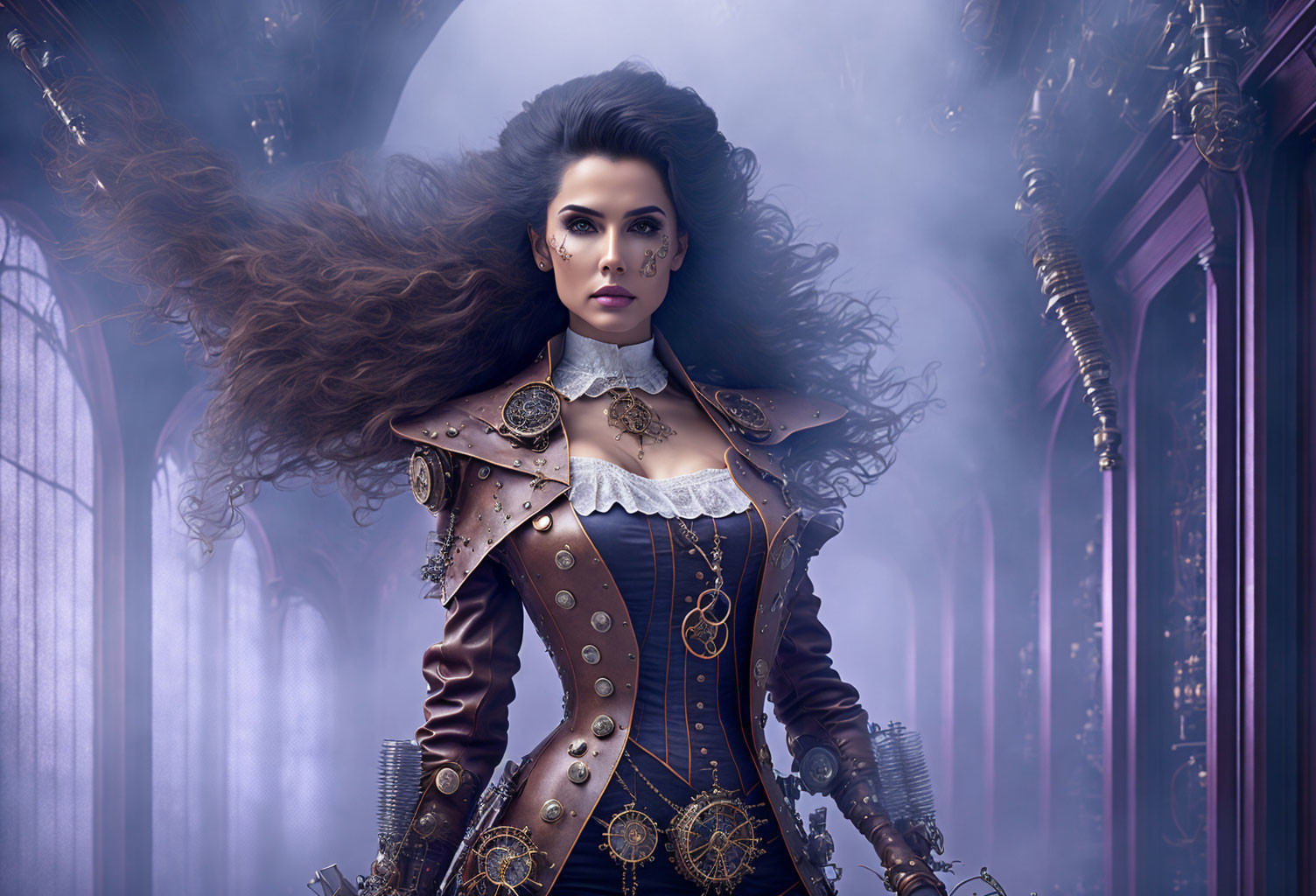 Steampunk-themed woman in elaborate outfit in misty Gothic setting