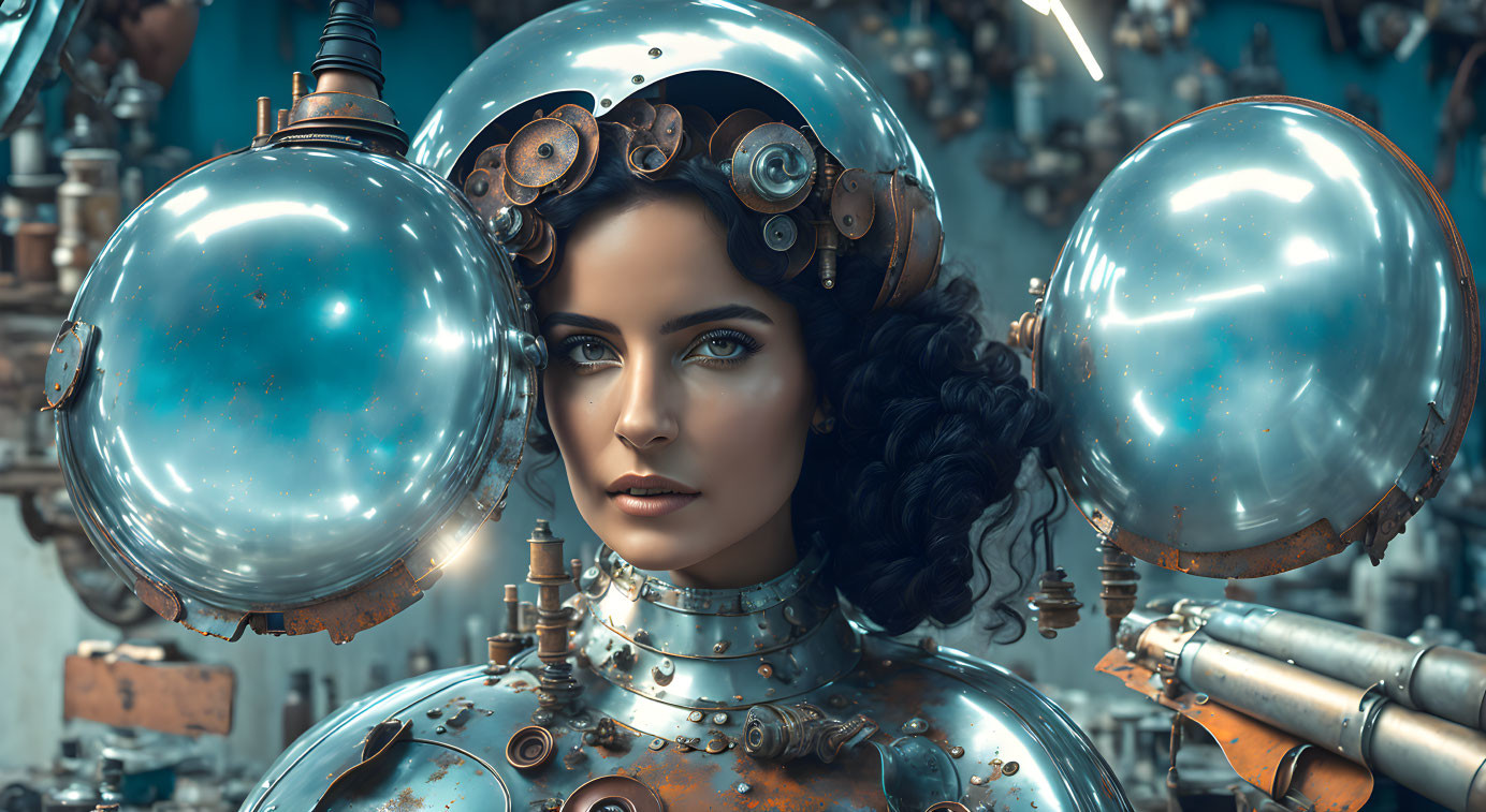 Steampunk robotic woman with mechanical parts and blue-tinted skin