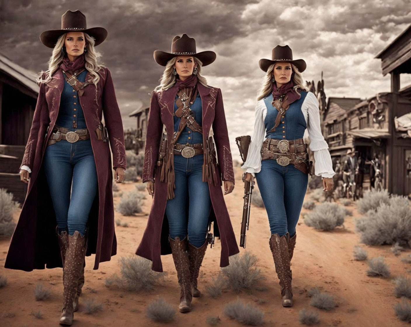 Three women in cowboy attire in dusty Western town.