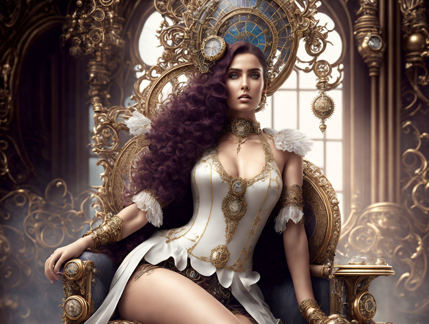 Regal woman with voluminous curly hair on golden throne in white and gold attire