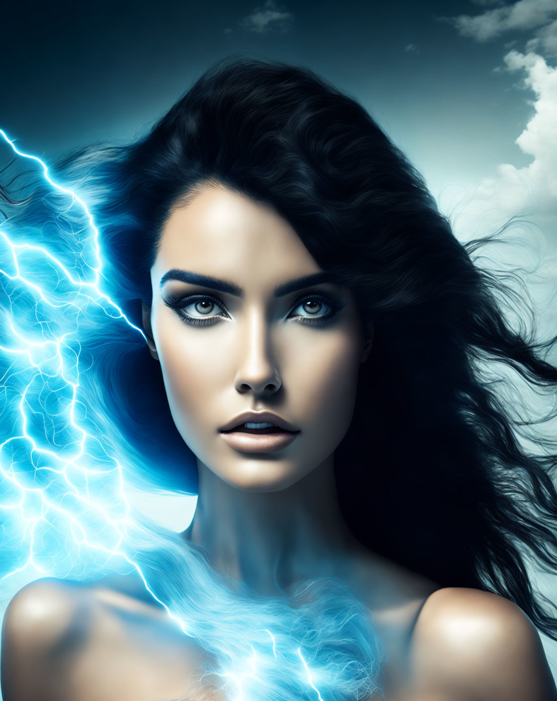 Portrait of woman with blue eyes, dark hair, and lightning bolts