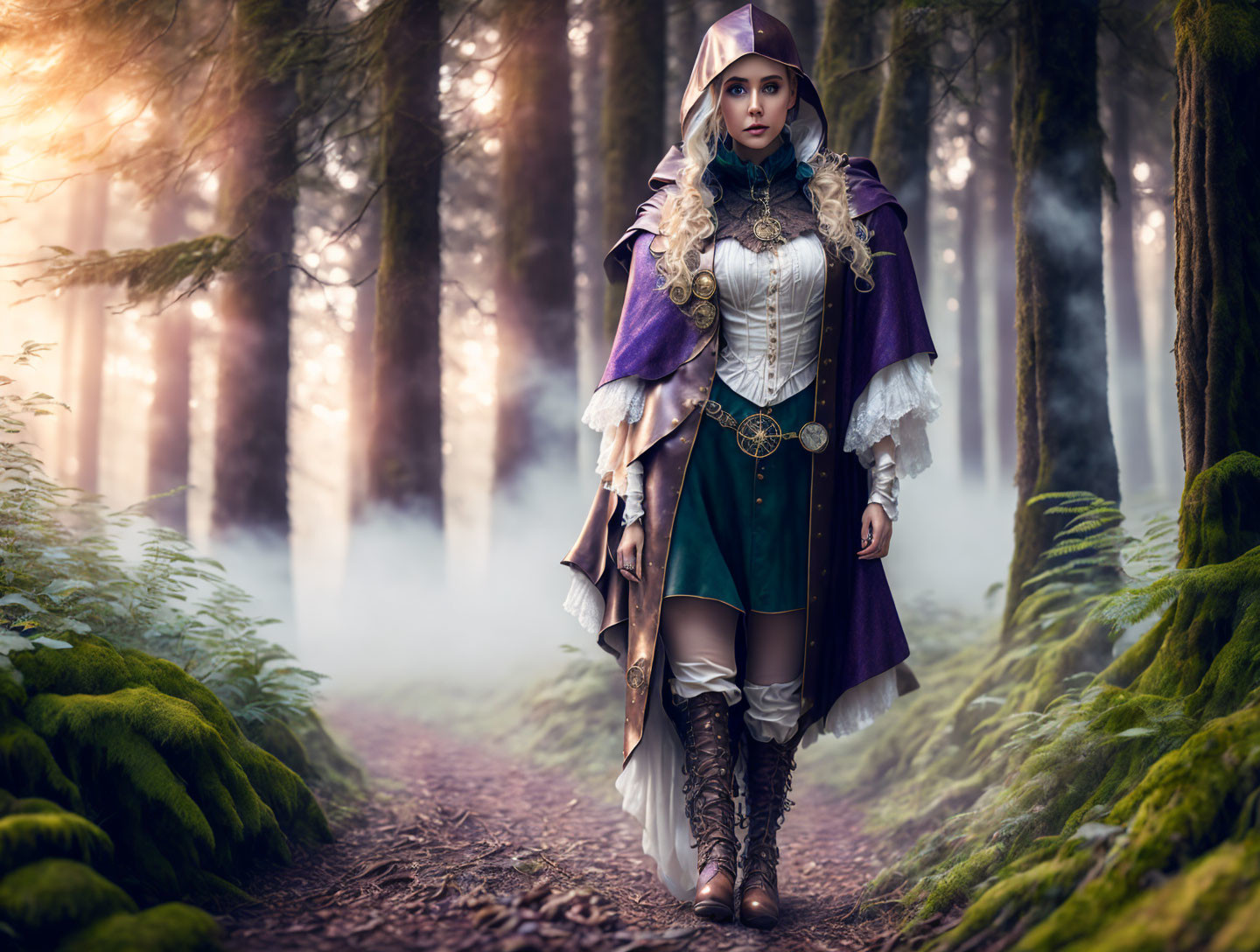 Medieval fantasy woman in purple cape on misty forest path