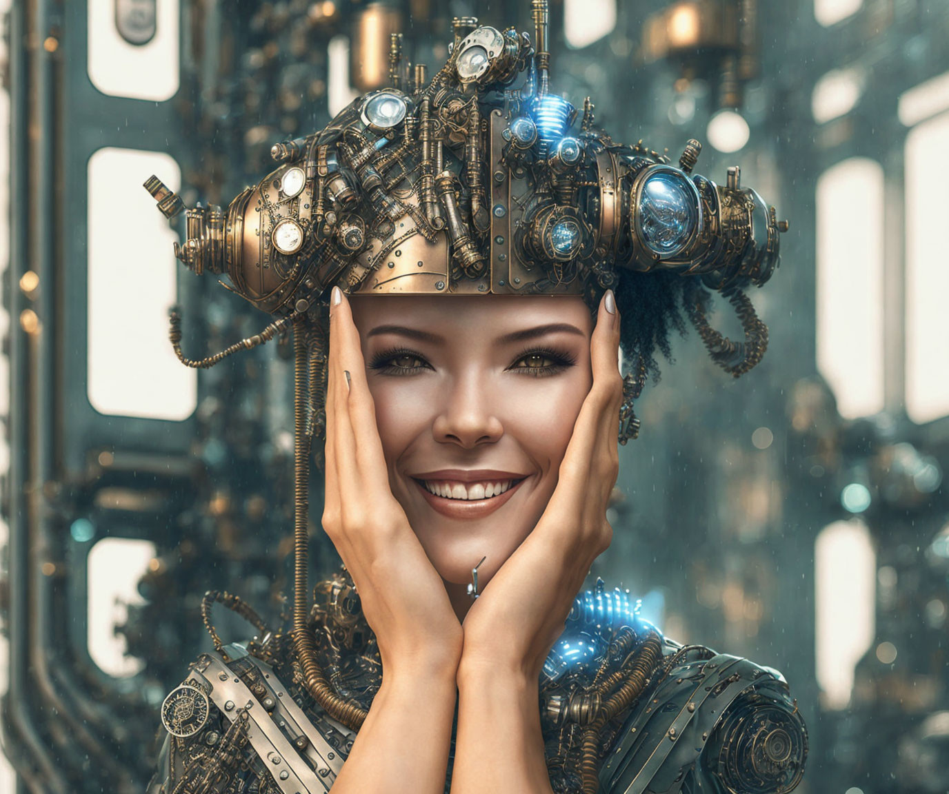 Smiling woman with steampunk-style helmet and glowing blue lights