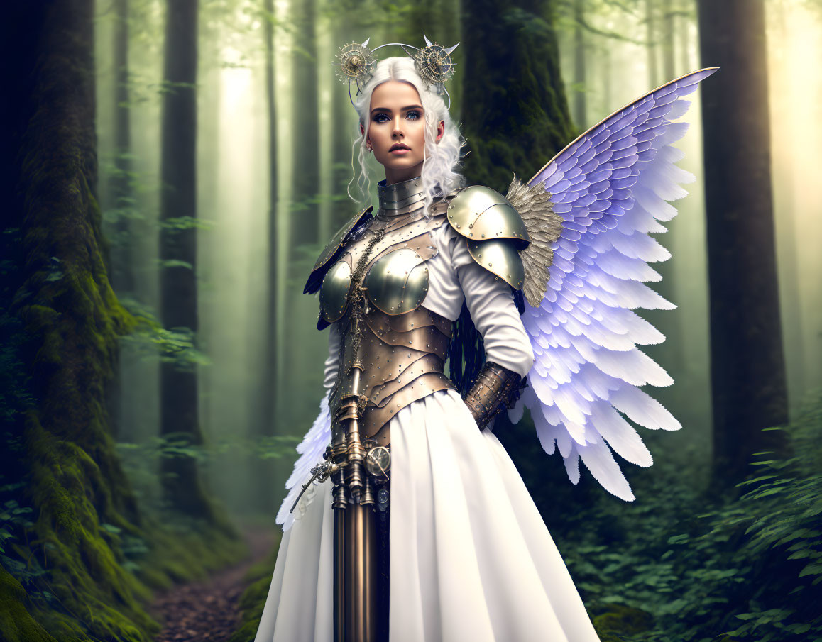 Angel-winged warrior in silver armor amidst misty forest