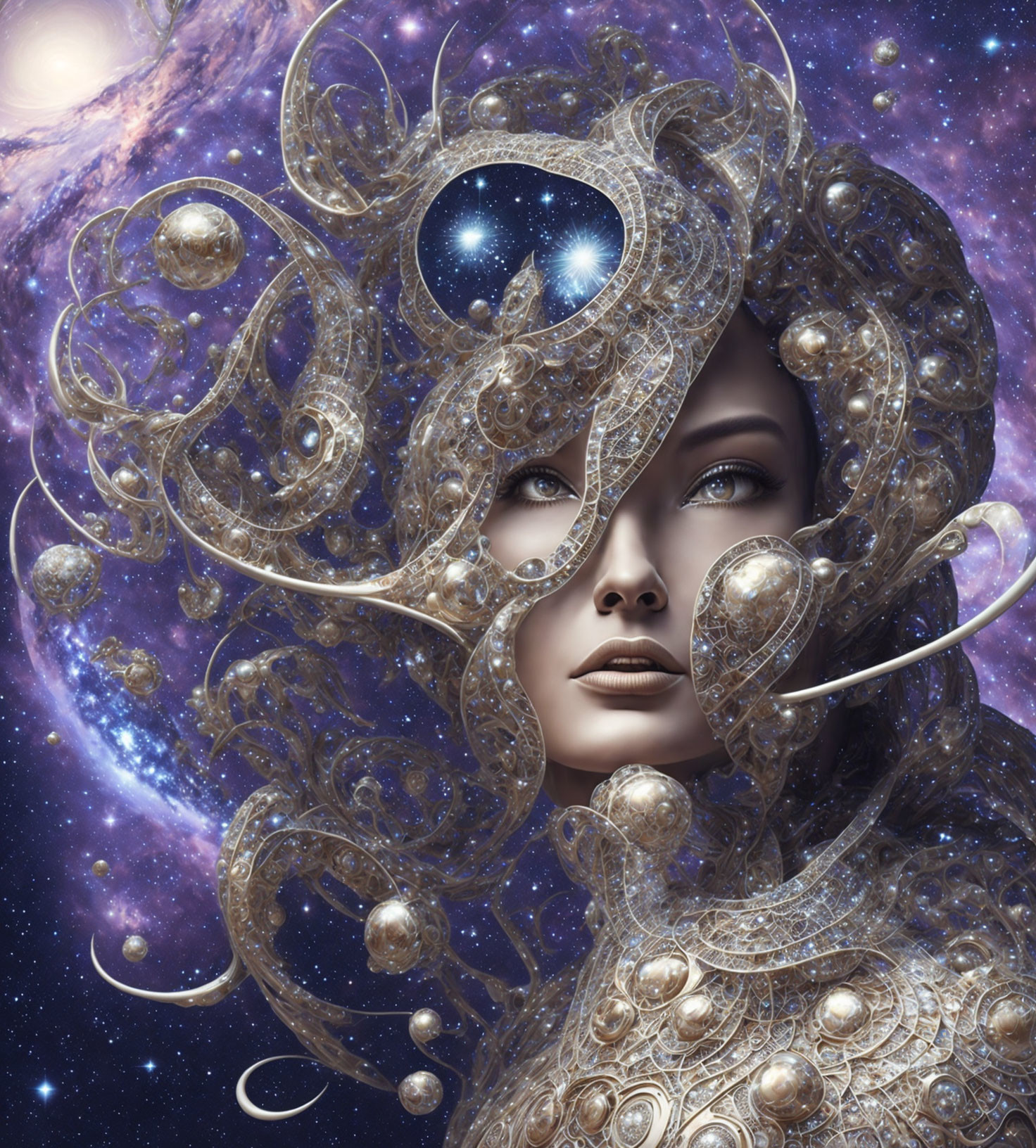 Digital artwork: Cosmic woman with star-filled hair and celestial metallic adornments in galaxy setting.