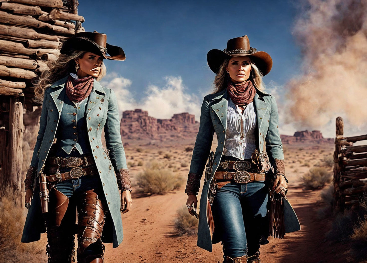 Two women in cowboy attire walking confidently in desert landscape