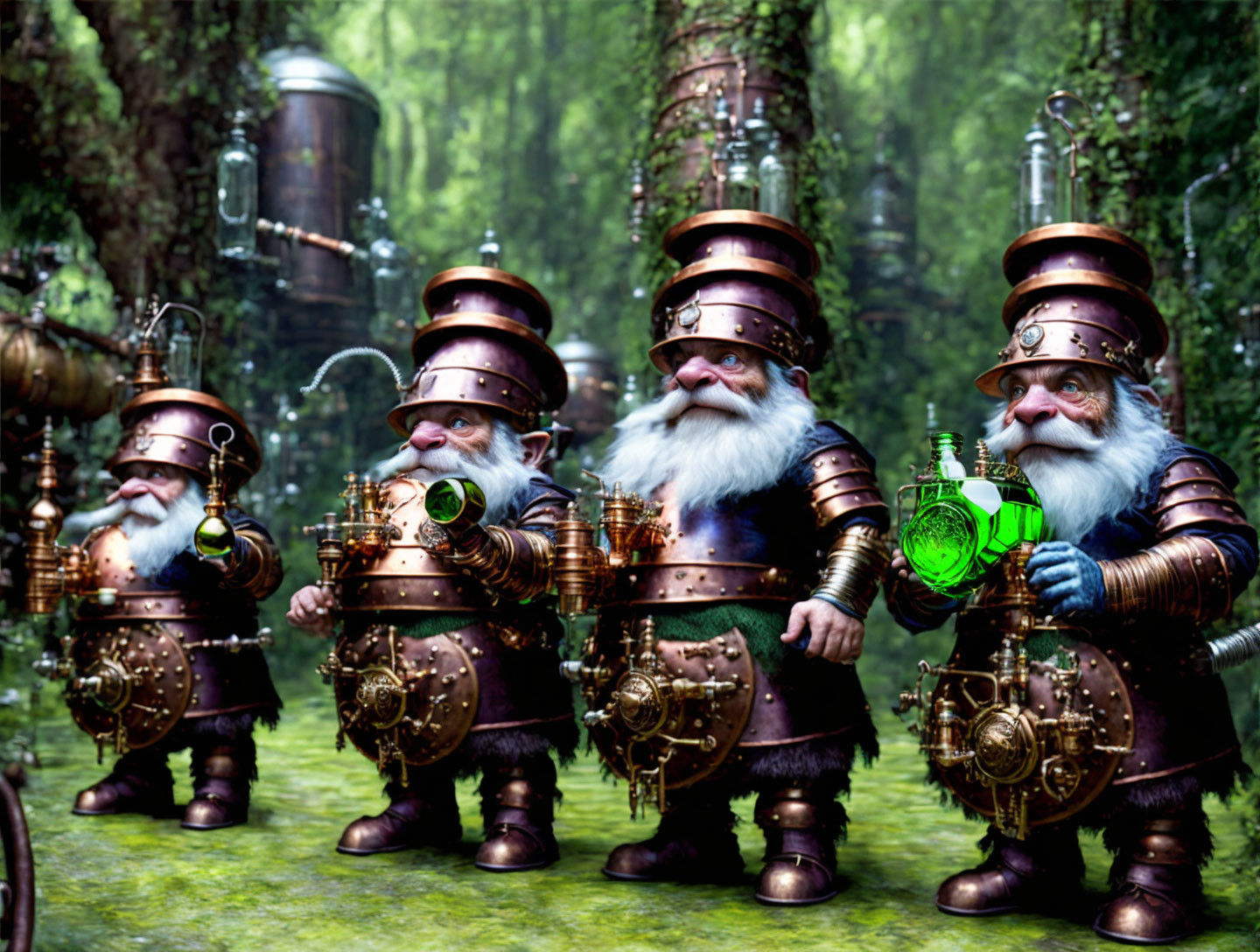 Steampunk-style animated gnomes with mechanical suits in a wooded setting