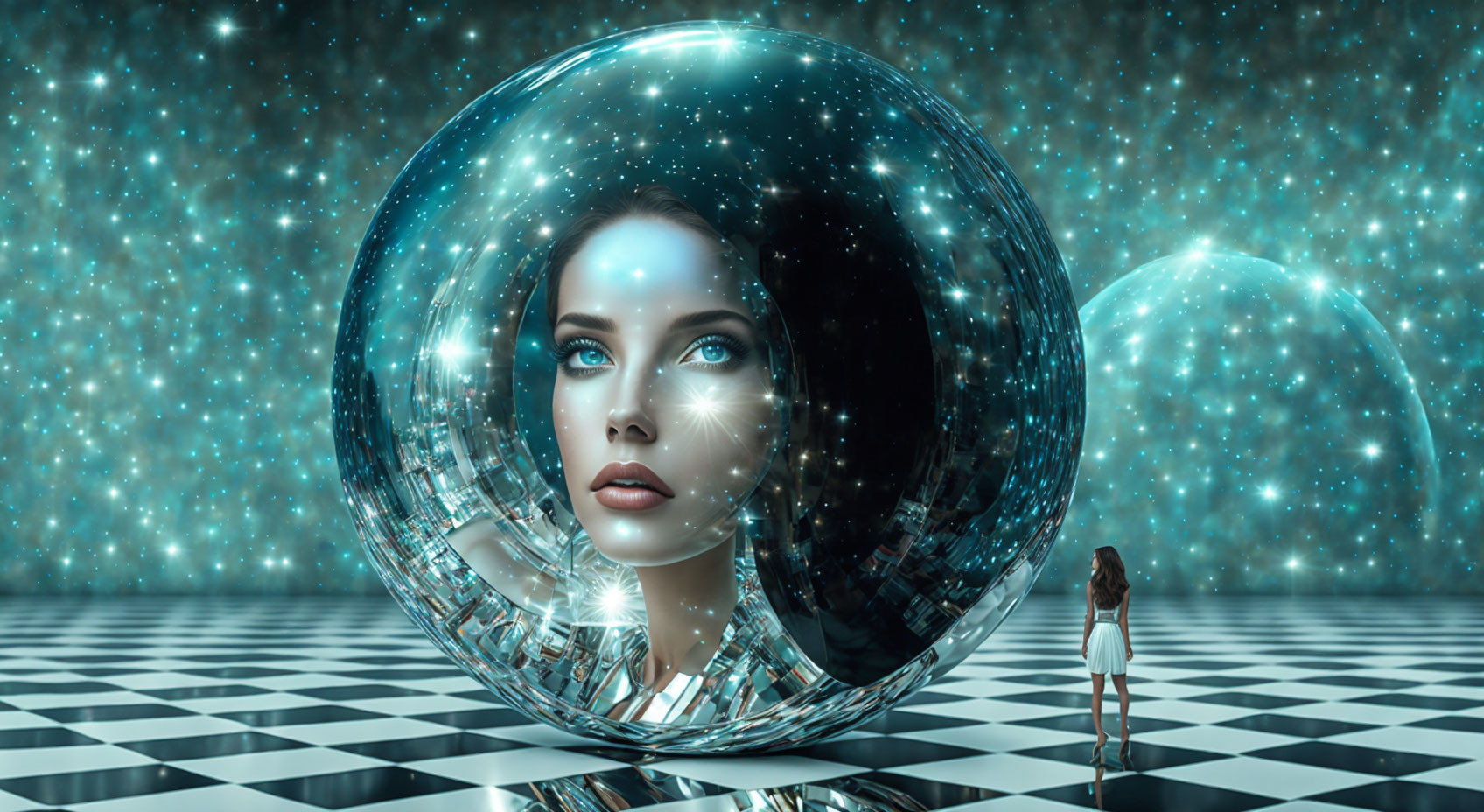 Surreal digital artwork: Reflective sphere with woman's face, figure on checkered floor