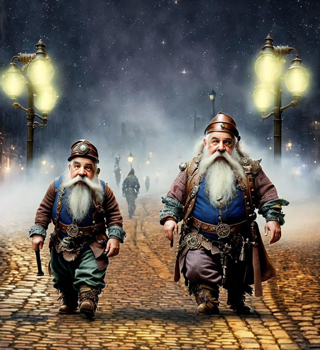 Fantasy dwarves in elaborate costumes walking on cobblestone road at night