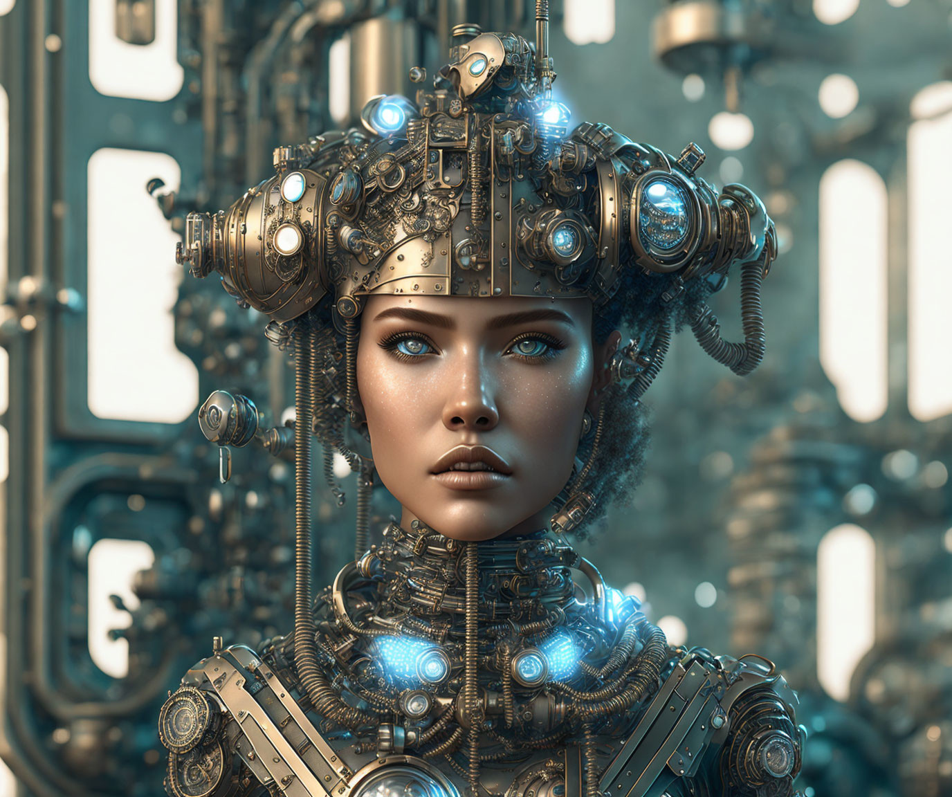 Detailed futuristic woman with robotic headgear and mechanical suit in high-tech setting