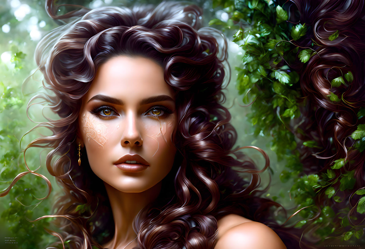 Detailed Digital Portrait of Woman with Curly Hair, Green Eyes, Gold Facial Markings