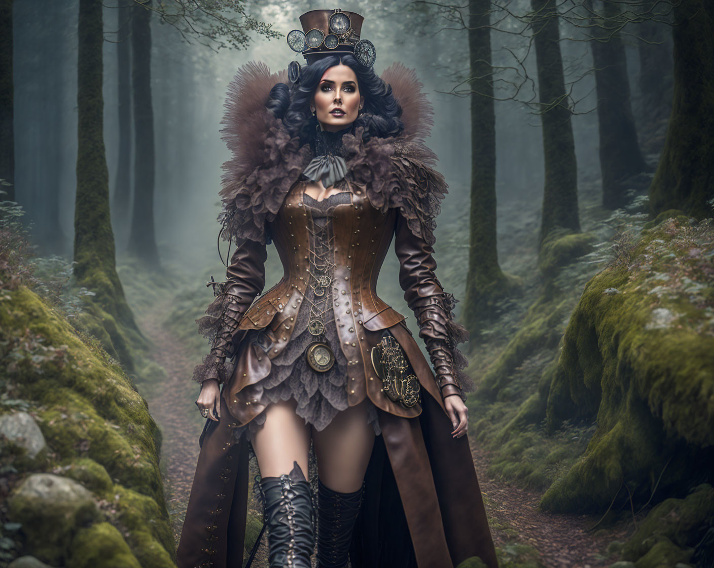 Steampunk-inspired woman in forest with feathered hat & corset