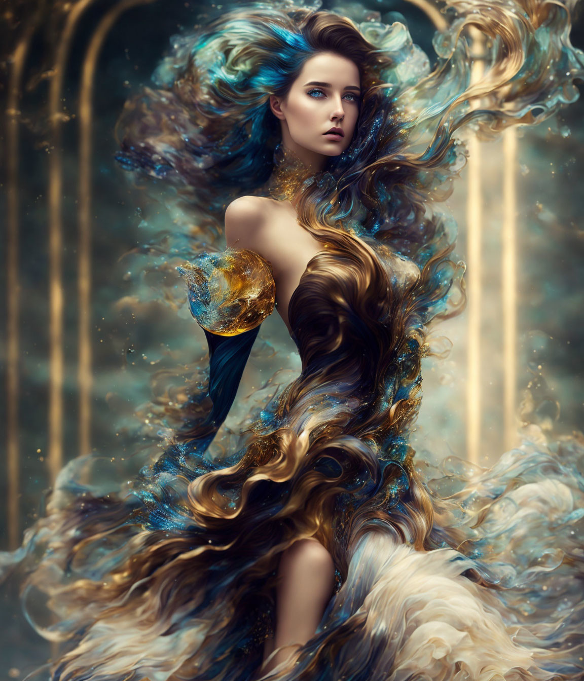 Fantasy portrait of a woman with flowing hair in abstract golden and blue swirl pattern