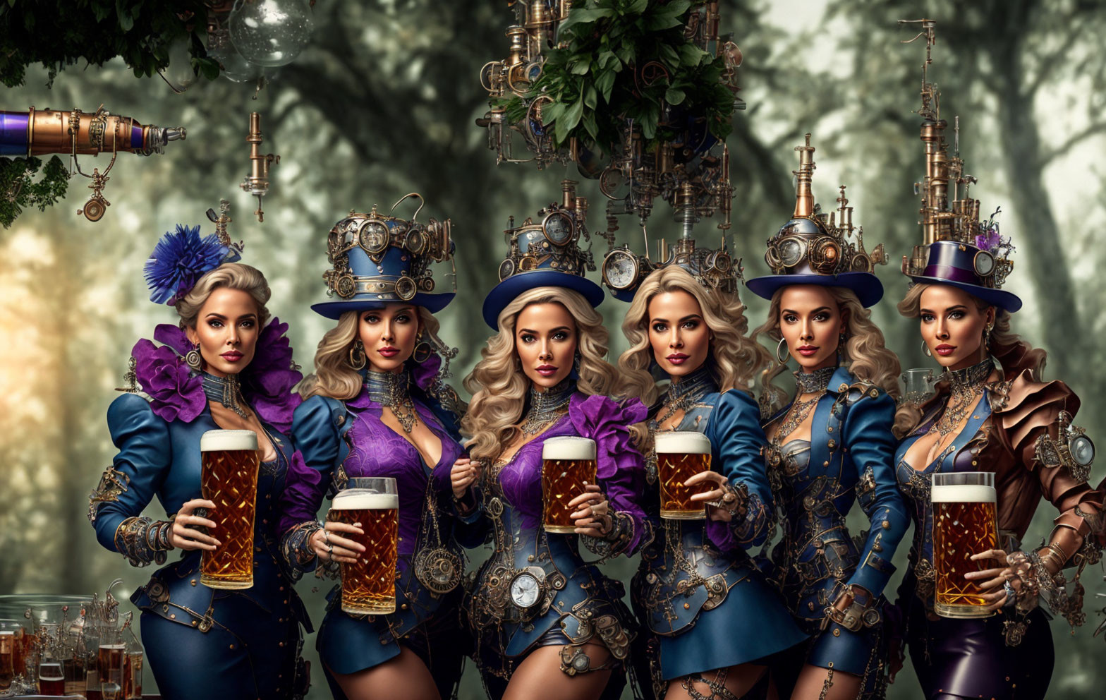 Six women in steampunk attire with top hats and goggles holding beer mugs against mechanical pipes.