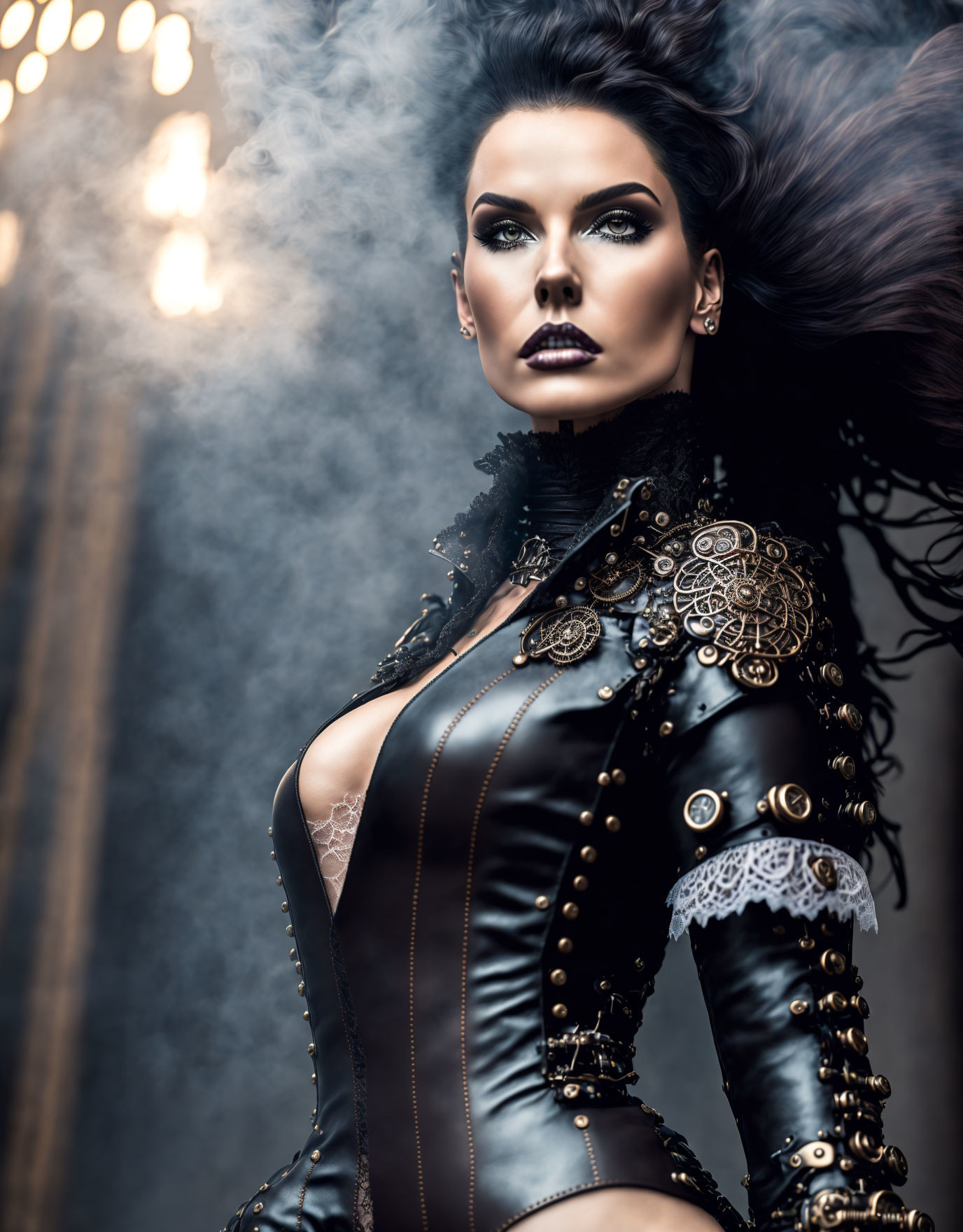 Dramatic portrait of a woman in bold makeup and gothic attire