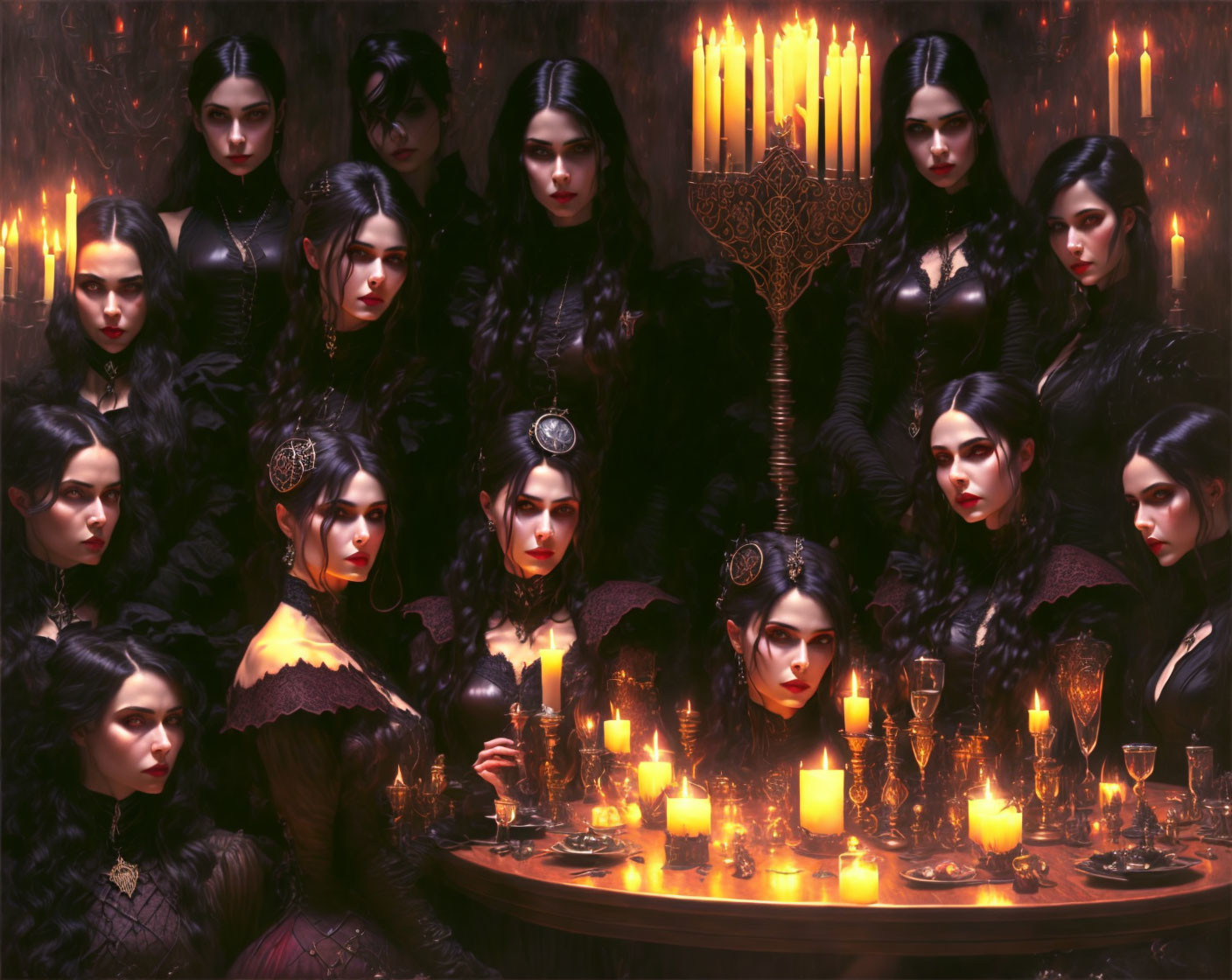 Group of identical women in dark, gothic attire surrounded by candles