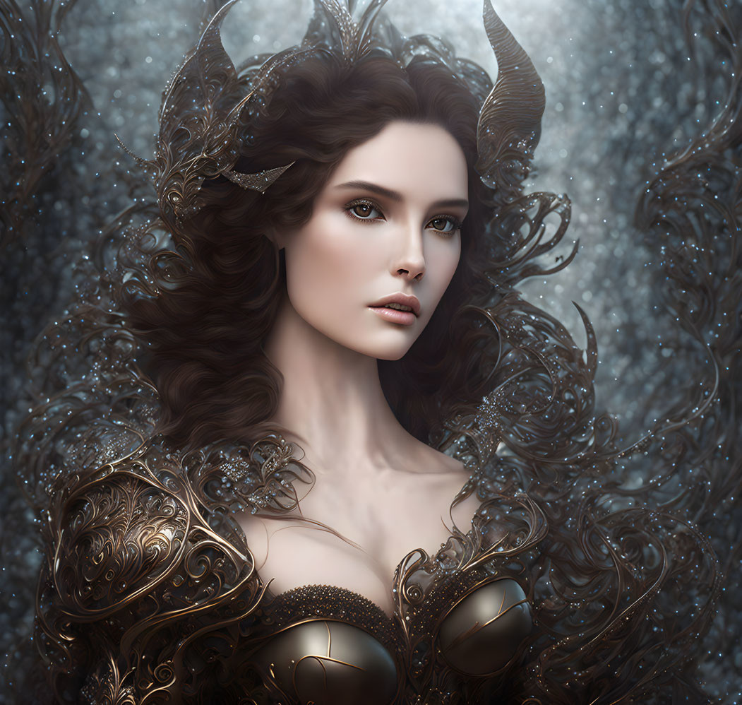 Elaborate horned headpiece and ornate armor on a fantasy woman portrait