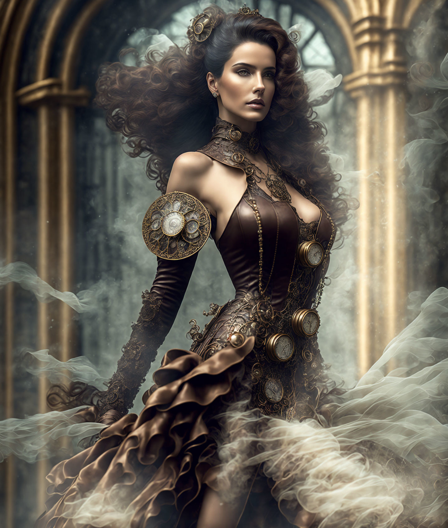 Steampunk-inspired woman with voluminous hair in misty gothic setting.