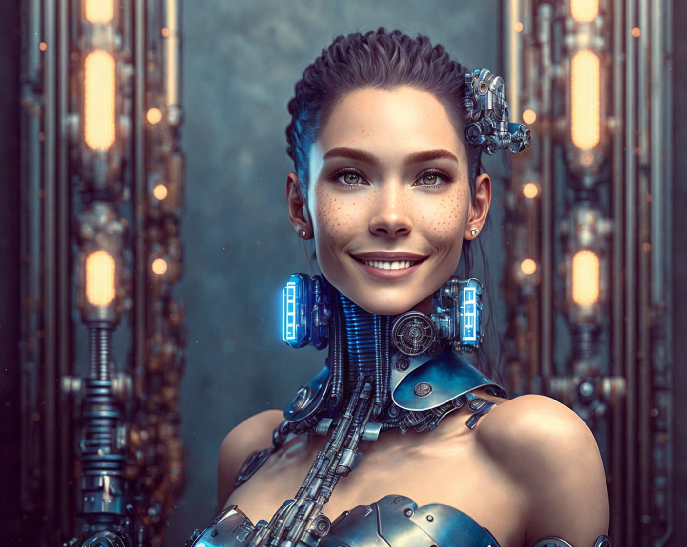 Smiling female android with cybernetic enhancements in sci-fi setting