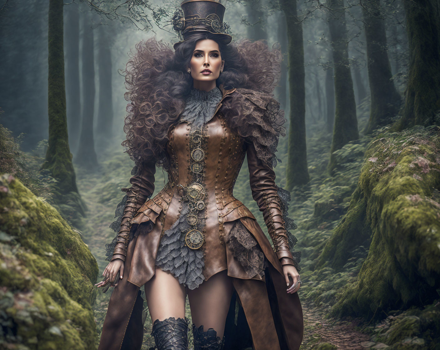 Steampunk-inspired woman in detailed outfit in misty forest