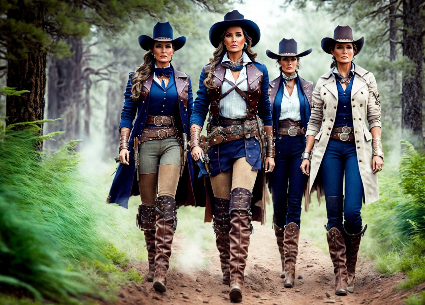 Four women in stylish cowboy attire walking in forest.