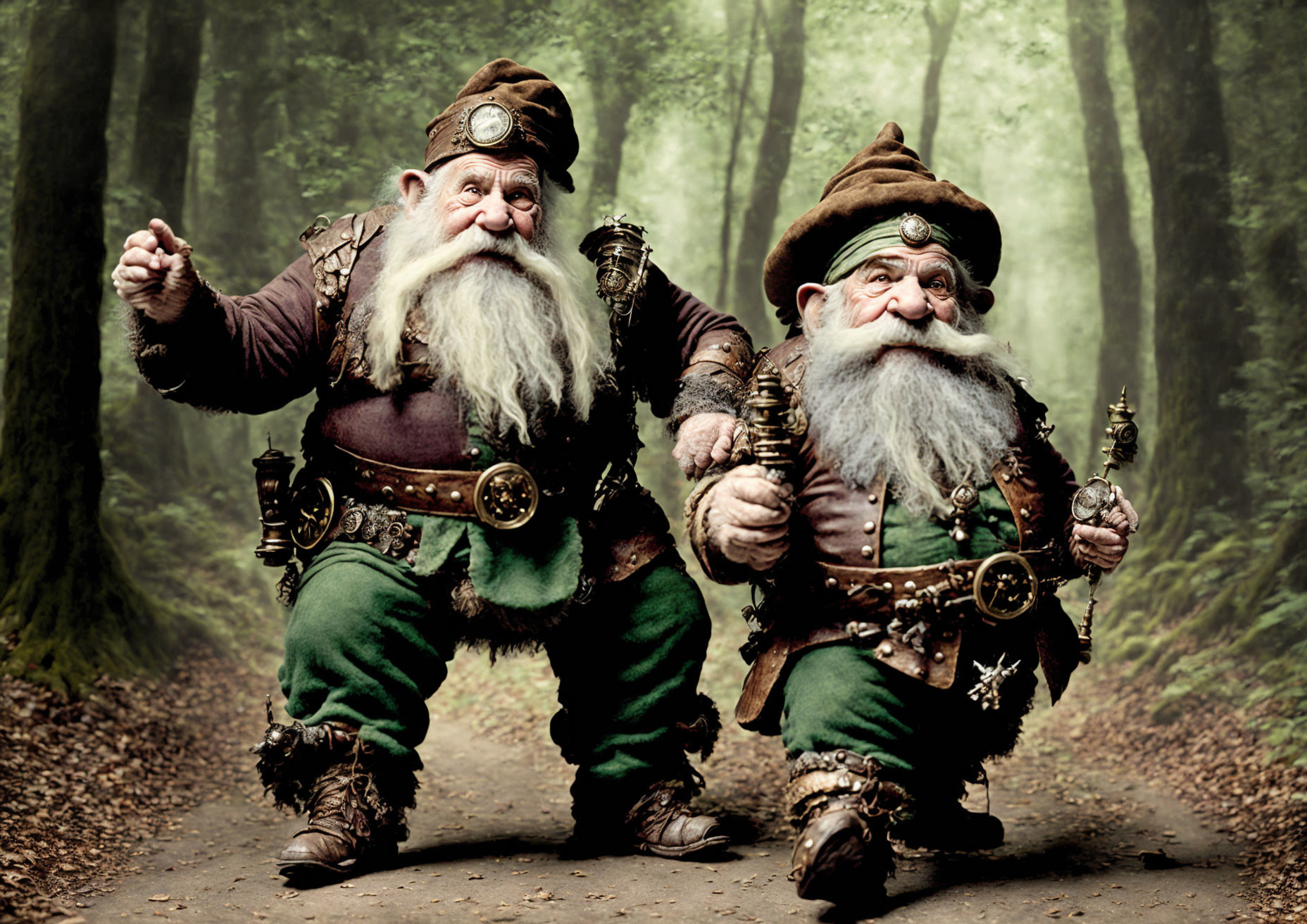 Elaborately dressed dwarves with lantern in misty forest