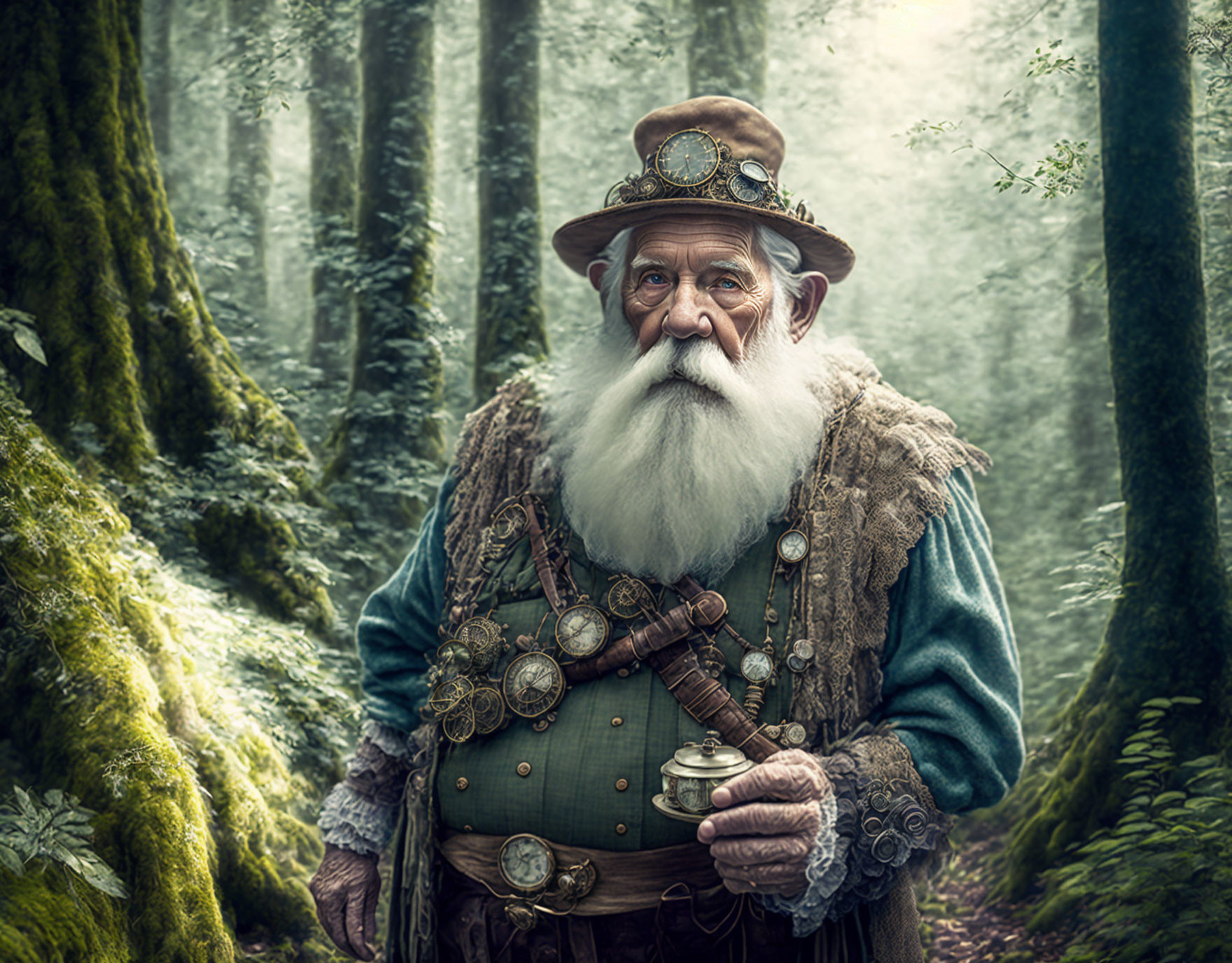 Elderly man in steampunk outfit in misty forest with metal cup