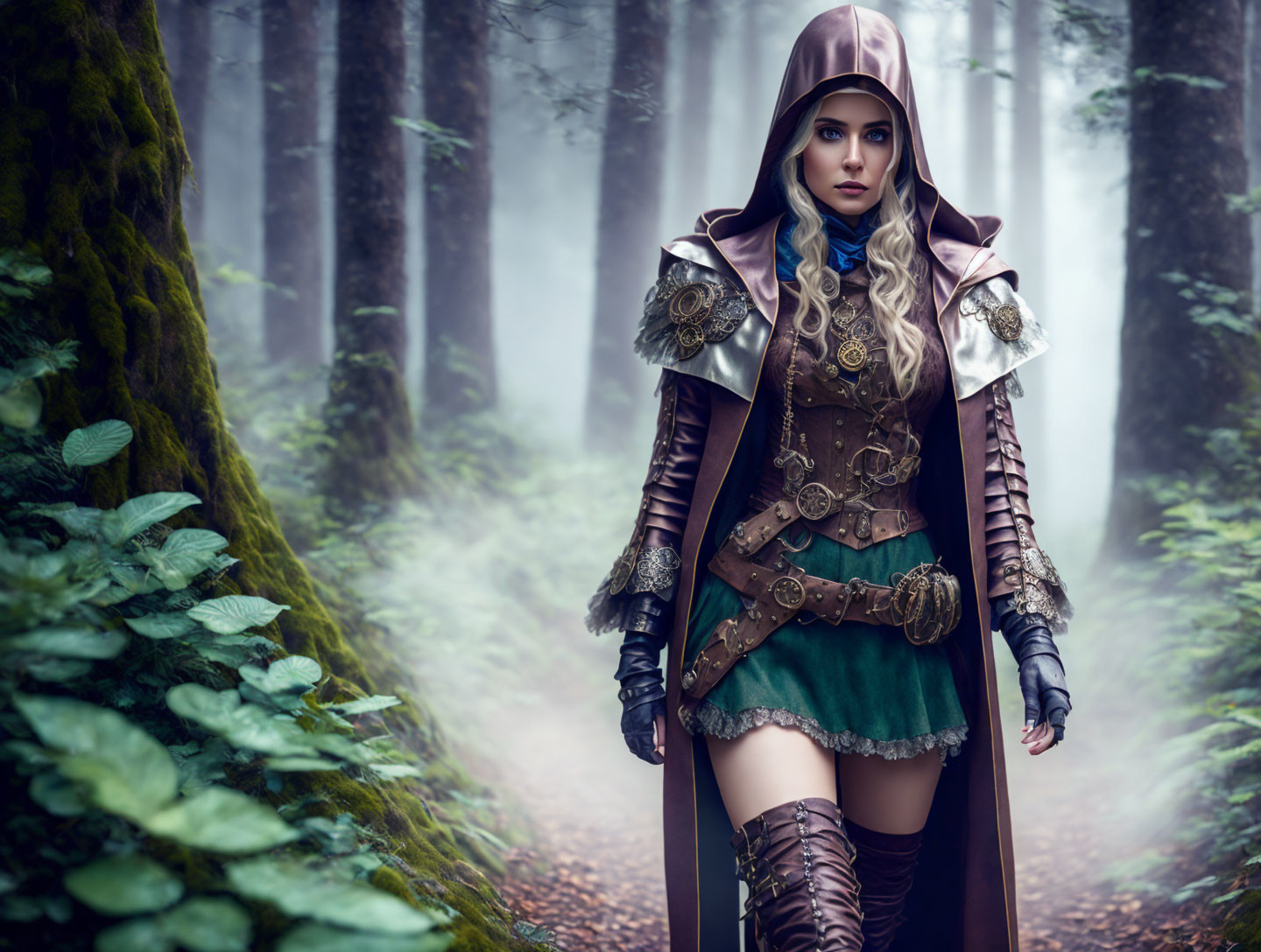 Medieval fantasy woman in hooded cloak and armor in misty forest