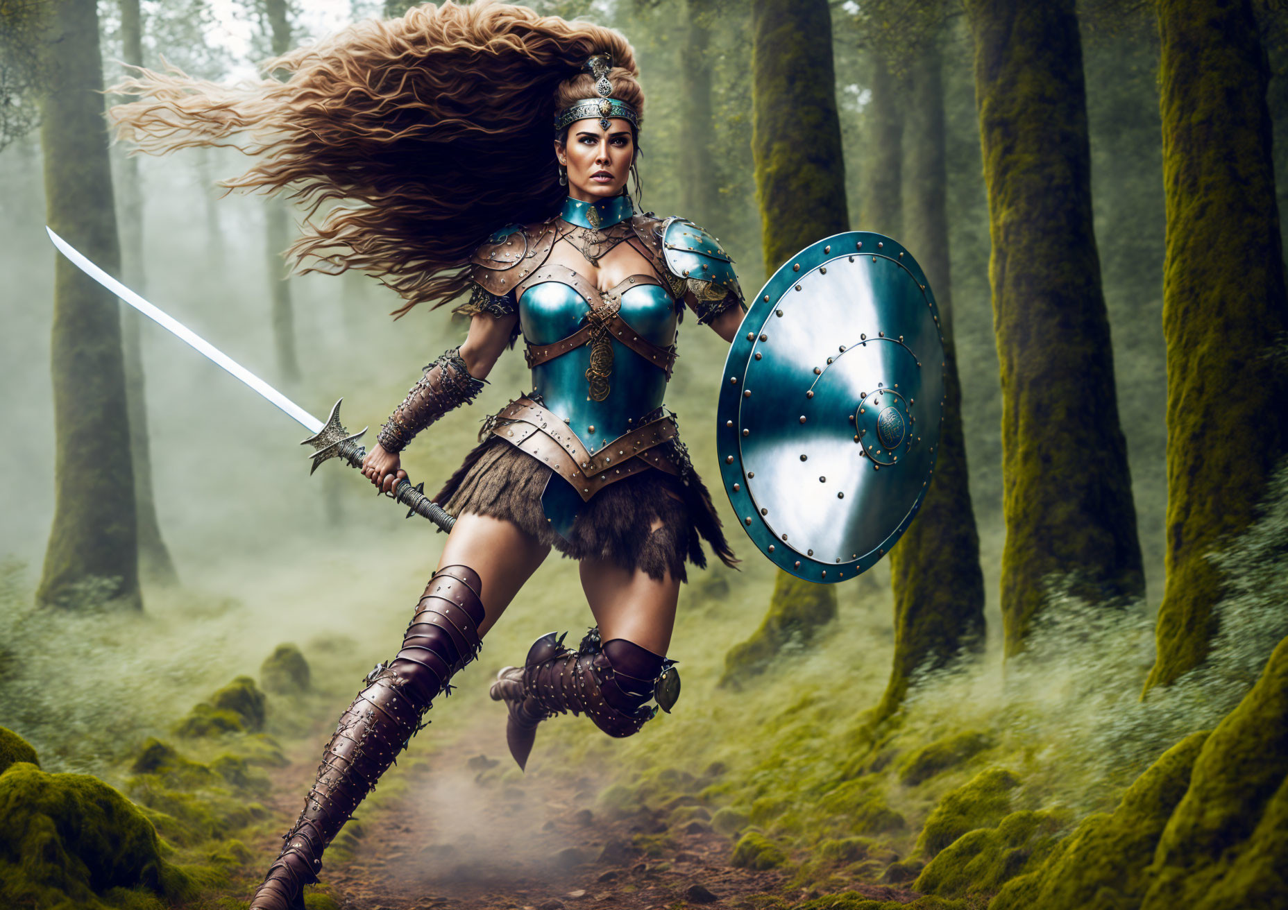 Warrior woman in ornate armor with sword and shield in misty forest