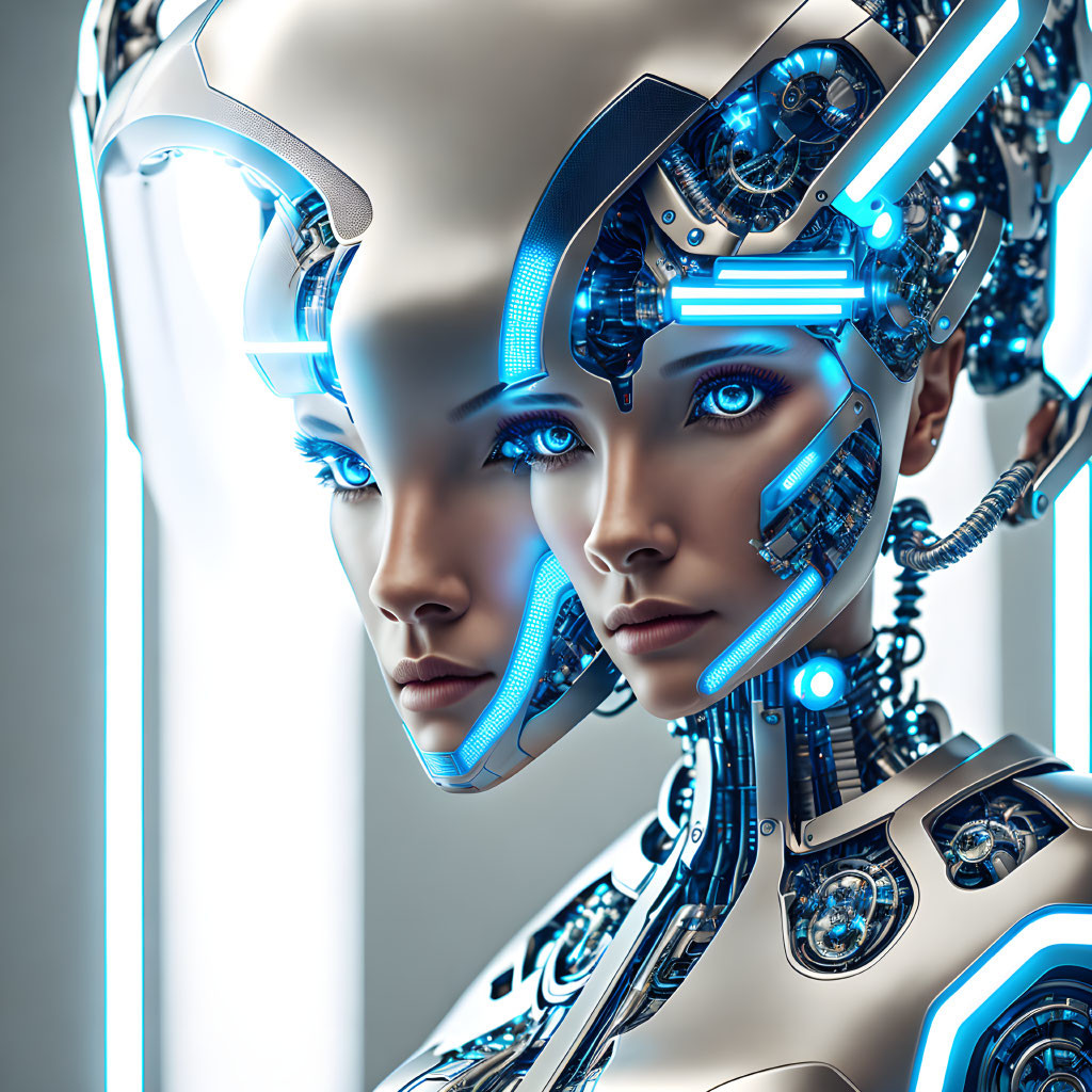 Detailed futuristic female robot with intricate blue lights.