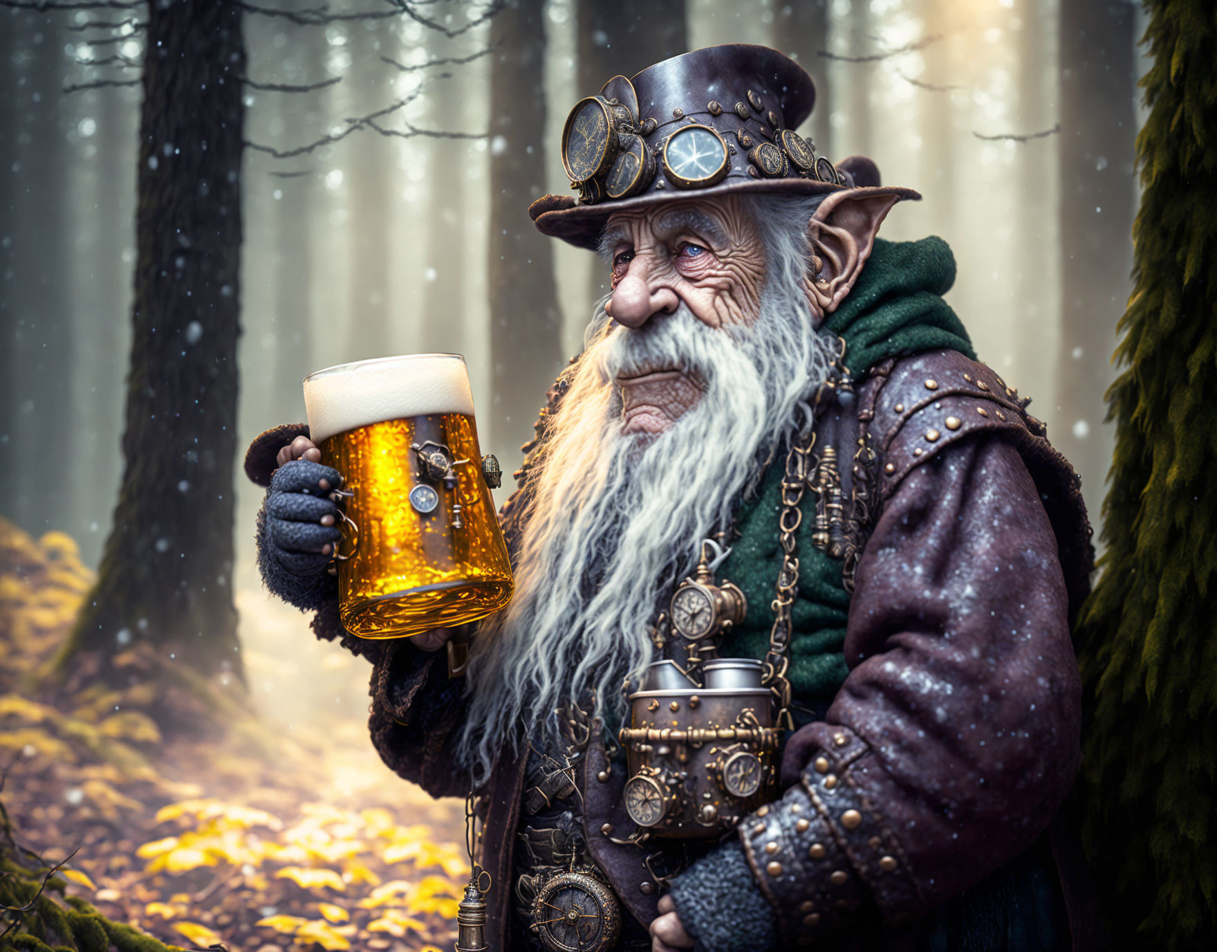 Steampunk-themed old man with long beard in misty forest setting