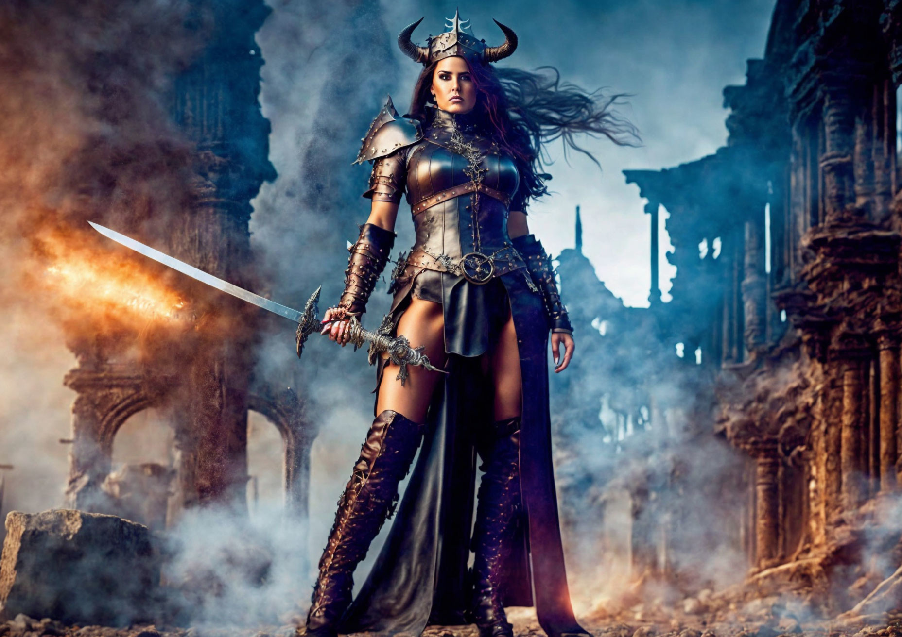 Female warrior in ornate armor amidst smoky ruins with sword and fierce expression