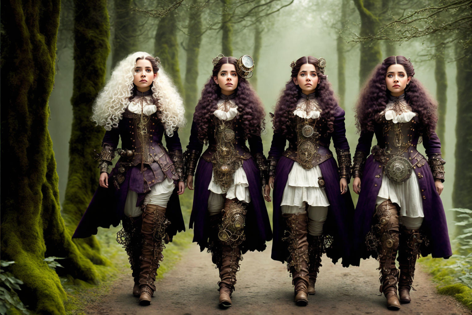 Four women in medieval fantasy costumes in foggy forest