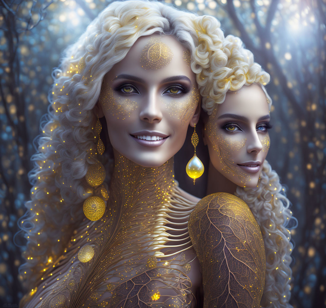 Two women in golden makeup and jewelry smiling in mystical setting.